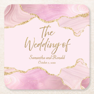 Pink & Gold Glitter Agate The Wedding Of Square Paper Coaster