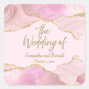 Pink & Gold Glitter Agate The Wedding Of Square Sticker