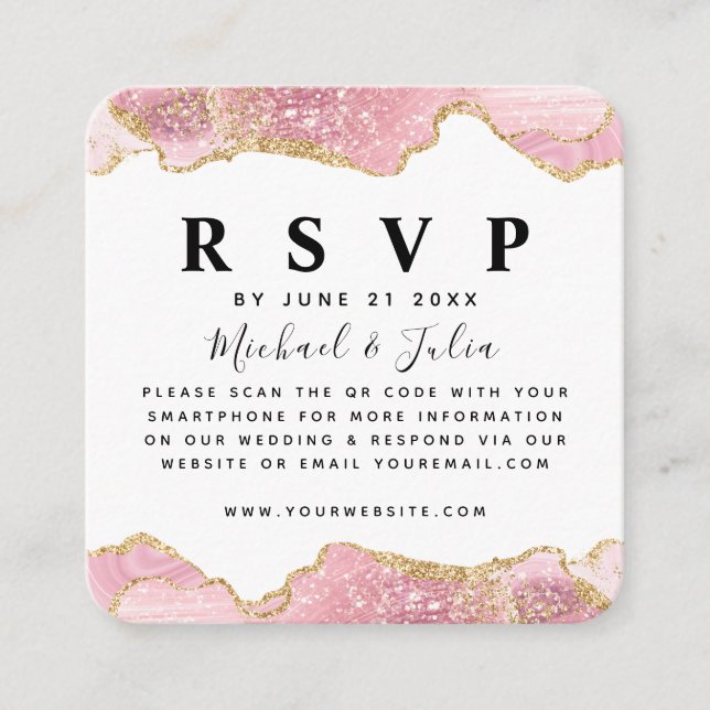 Pink & Gold Glitter Agate Wedding QR Code RSVP Enclosure Card (Front)
