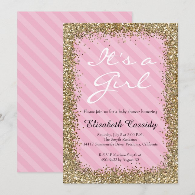 Pink & Gold Glitter  Baby Girl Shower Invitation (Front/Back)