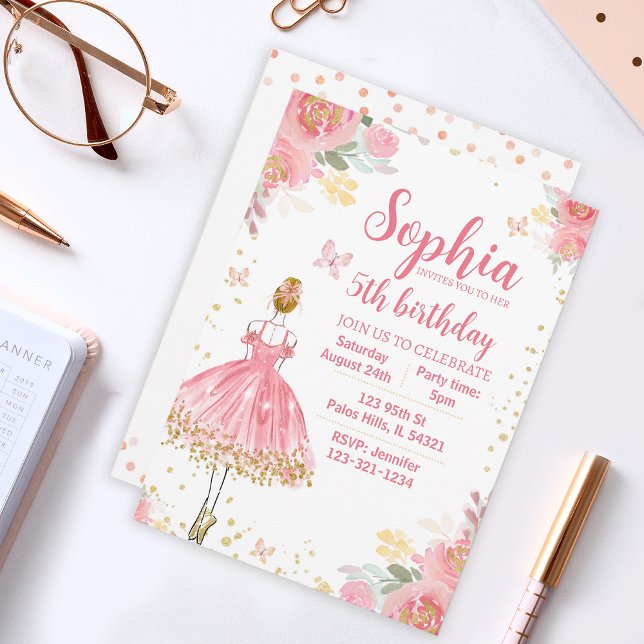 Pink gold glitter ballerina birthday invitation (Creator Uploaded)