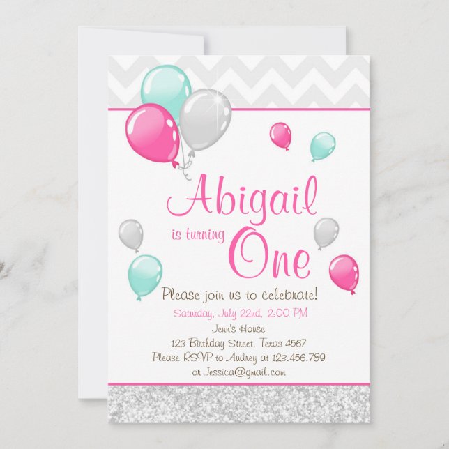 Pink Gold Glitter Balloons Birthday Invitation (Front)