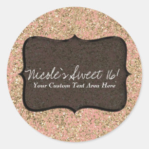 Pink & Gold Glitter Birthday Party Custom Favour Classic Round Sticker