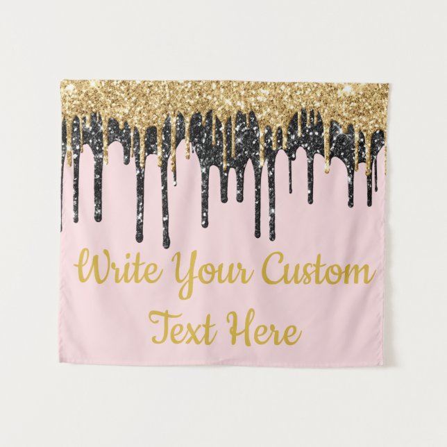 Pink Gold Glitter Birthday Photo Booth Backdrop Tapestry (Front (Horizontal))