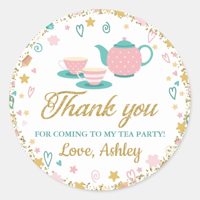 Pink Gold Glitter Birthday Tea Party Thank You Classic Round Sticker (Front)