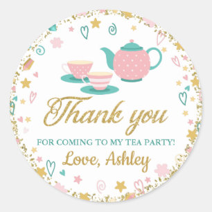 Pink Gold Glitter Birthday Tea Party Thank You Classic Round Sticker