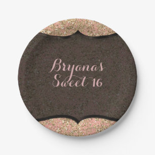 Pink & Gold Glitter Black Glam Birthday Party Paper Plate