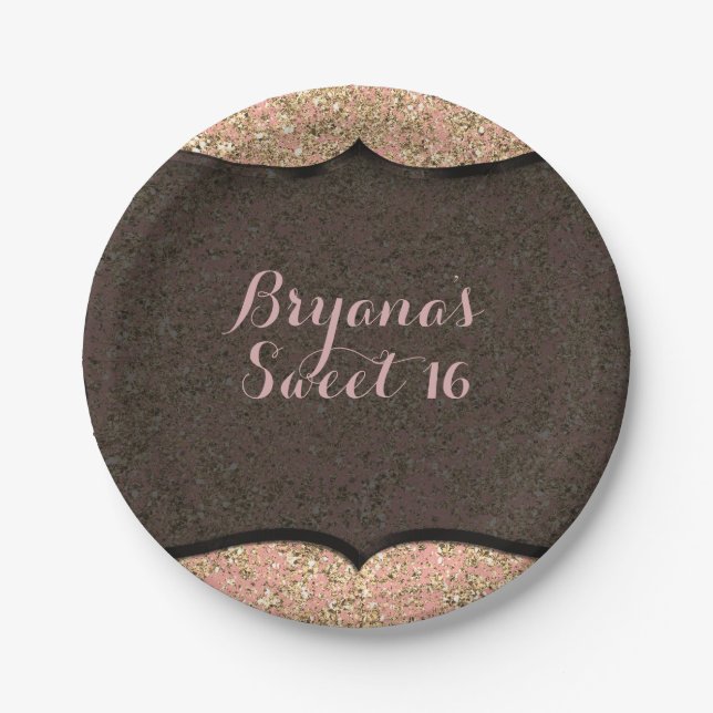 Pink & Gold Glitter Black Glam Birthday Party Paper Plate (Front)