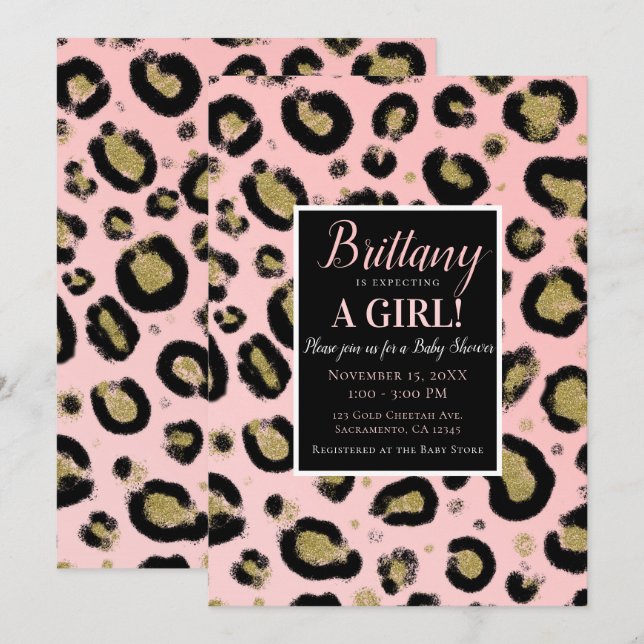 Pink Gold Glitter & Black Leopard Baby Shower Invitation (Front/Back)