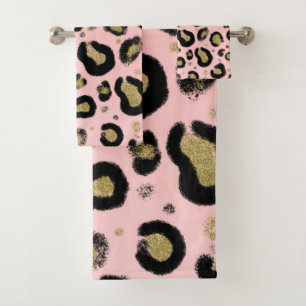 Pink Gold Glitter & Black Leopard Cheetah Print Bath Towel Set