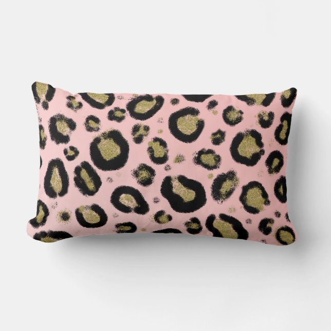 Pink Gold Glitter & Black Leopard Cheetah Print Lumbar Cushion (Front)