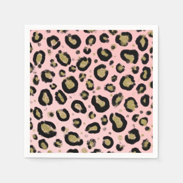 Pink Gold Glitter & Black Leopard Cheetah Print Napkin (Front)