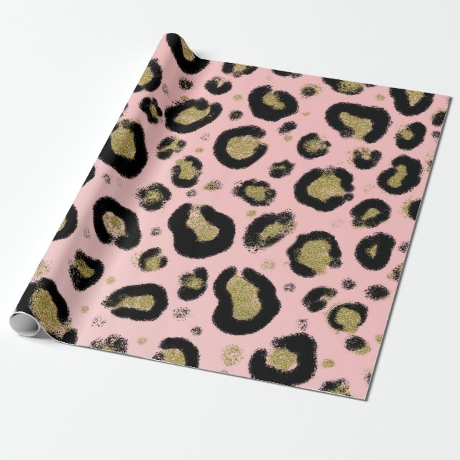 Pink Gold Glitter & Black Leopard Cheetah Print Wrapping Paper (Unrolled)