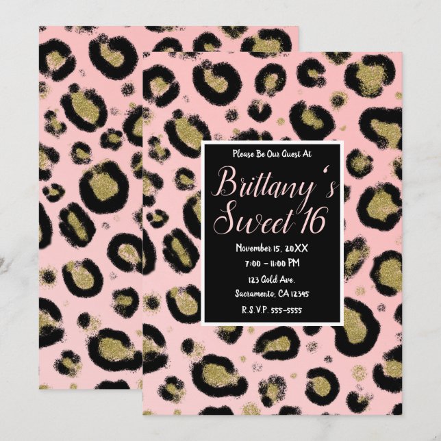 Pink Gold Glitter & Black Leopard Sweet 16 Party Invitation (Front/Back)