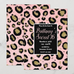 Pink Gold Glitter & Black Leopard Sweet 16 Party Invitation