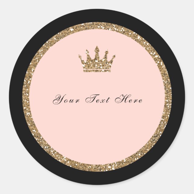 Pink Gold Glitter & Black Sweet 16 Princess Crown Classic Round Sticker (Front)