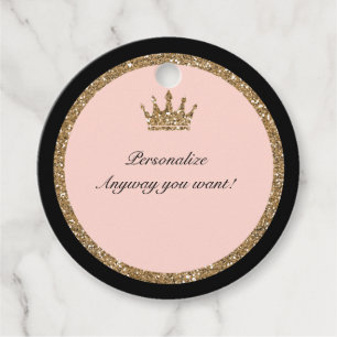 Pink Gold Glitter & Black Sweet 16 Princess Crown Favour Tags