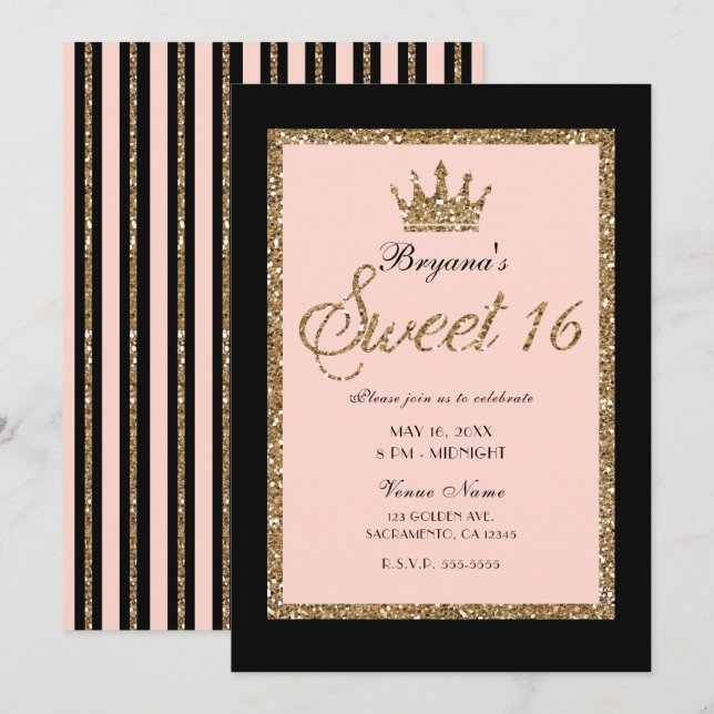 Pink Gold Glitter & Black Sweet 16 Princess Crown Invitation (Front/Back)