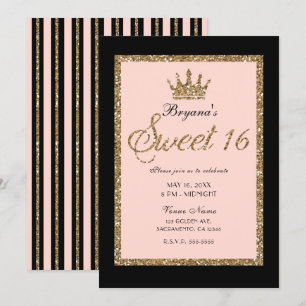 Pink Gold Glitter & Black Sweet 16 Princess Crown Invitation