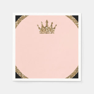 Pink Gold Glitter & Black Sweet 16 Princess Crown Napkin