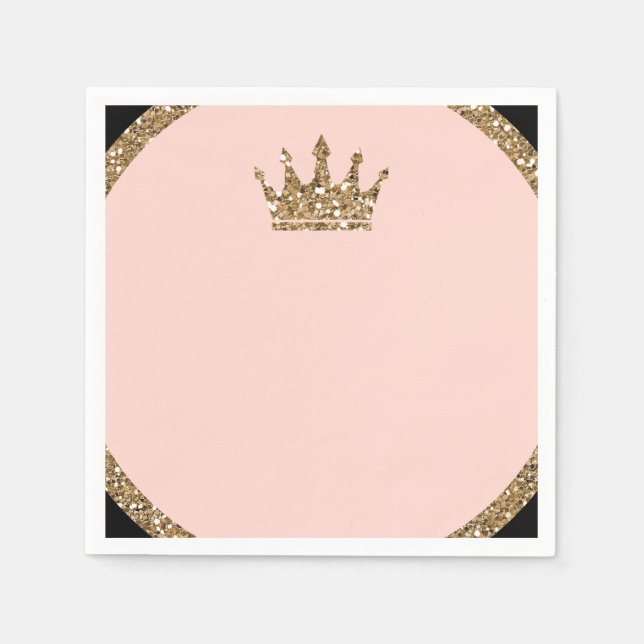 Pink Gold Glitter & Black Sweet 16 Princess Crown Napkin (Front)
