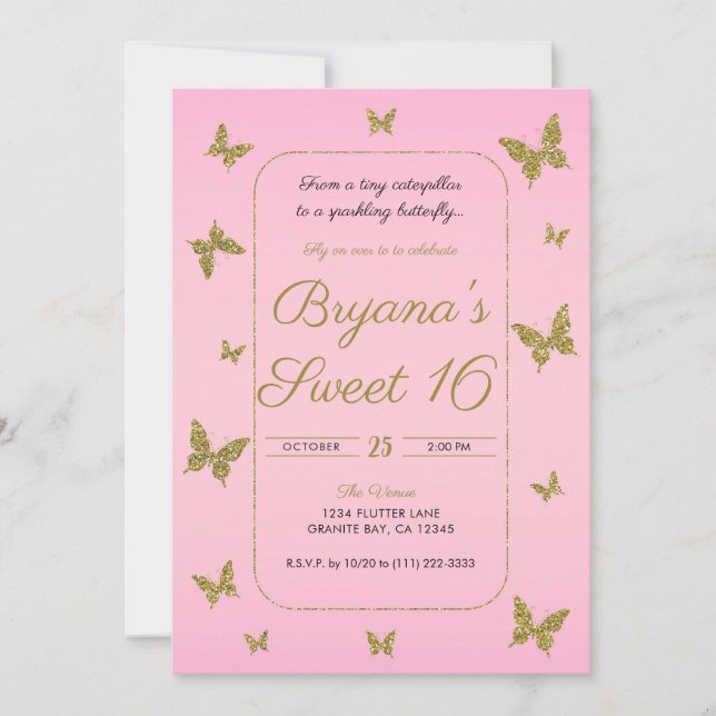 Pink & Gold Glitter Butterfly Sweet 16 Party Invitation (Front)