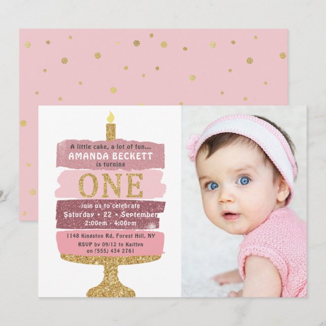 Pink & Gold Glitter Cake Photo 1st Birthday Invitation (Front/Back)