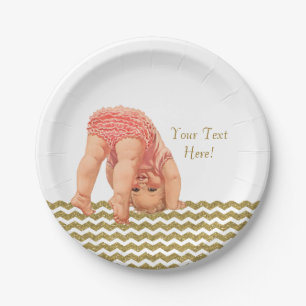 Pink Gold Glitter Chevron Baby Shower Paper Plate