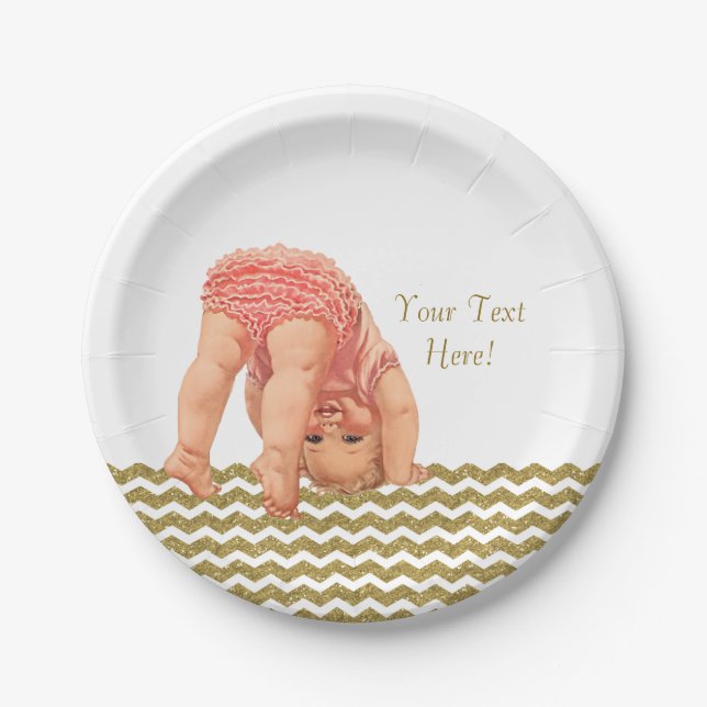 Pink Gold Glitter Chevron Baby Shower Paper Plate (Front)