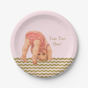 Pink Gold Glitter Chevron Baby Shower Paper Plate