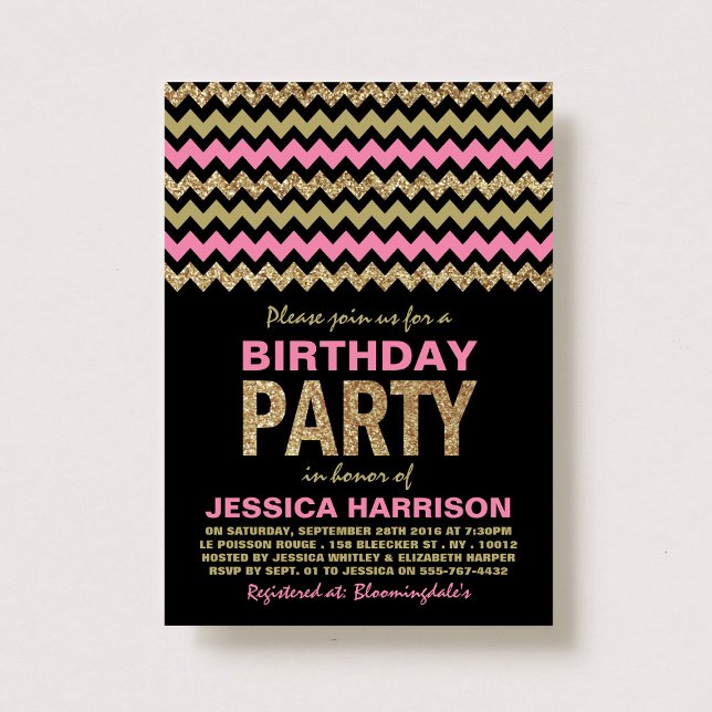 Pink & Gold Glitter Chevron Birthday Party Invitation (Creator Uploaded)