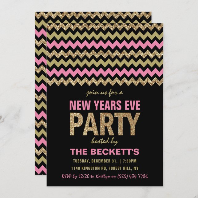 Pink & Gold Glitter Chevron New Years Party Invitation (Front/Back)