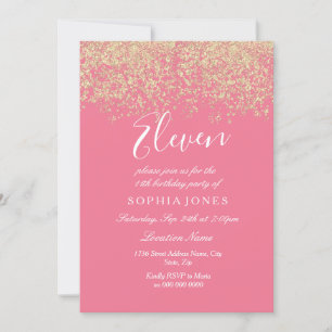 Pink Gold Glitter Confetti 11th birthday party Invitation