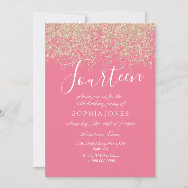 Pink Gold Glitter Confetti 14th birthday party Invitation (Front)