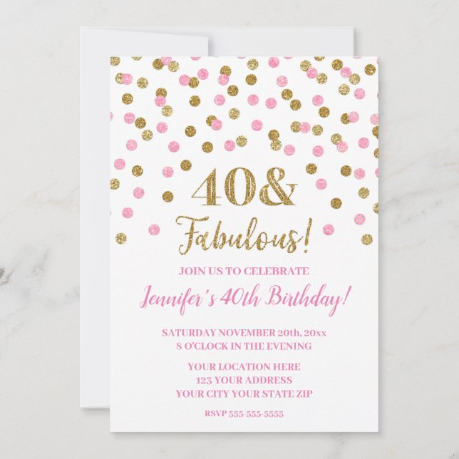 Pink Gold Glitter Confetti 40 and Fabulous Invitation (Back)