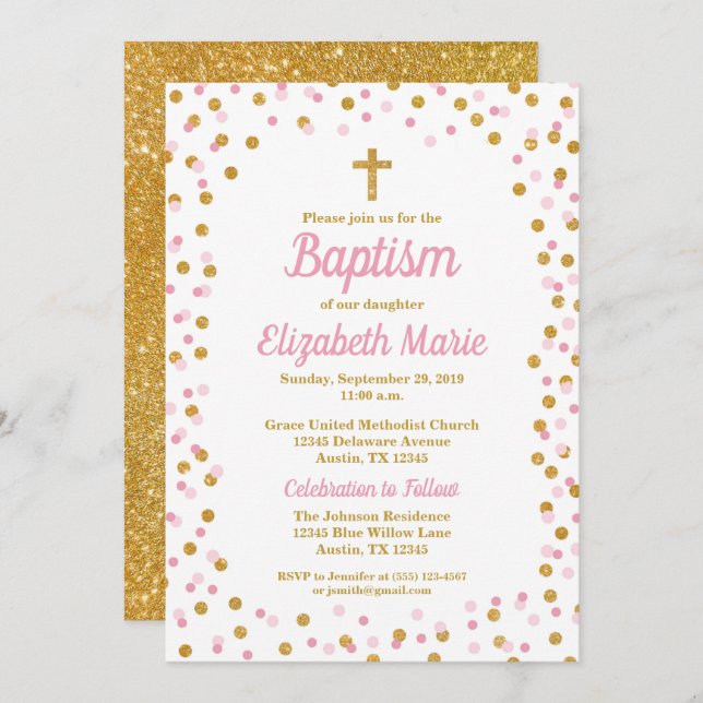 Pink & Gold Glitter Confetti Baptism Invitation (Front/Back)