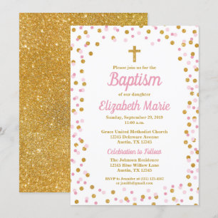 Pink & Gold Glitter Confetti Baptism Invitation