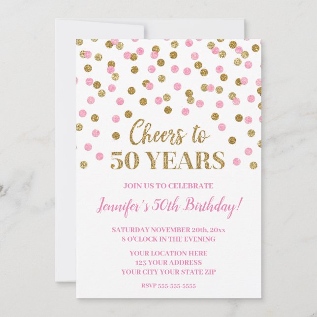 Pink Gold Glitter Confetti Cheers to 50 Years Invitation (Back)