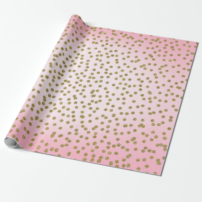 Pink & Gold Glitter Confetti Dots Trendy Glam Wrapping Paper (Unrolled)