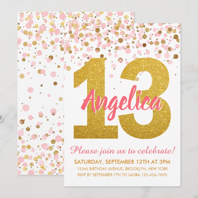 Pink Gold Glitter Confetti Girl 13th Birthday Invitation (Front/Back)