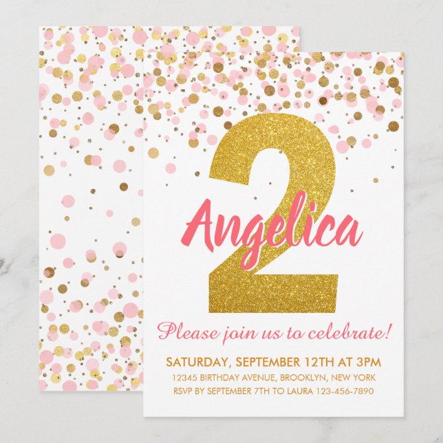 Pink Gold Glitter Confetti Girl Second Birthday Invitation (Front/Back)