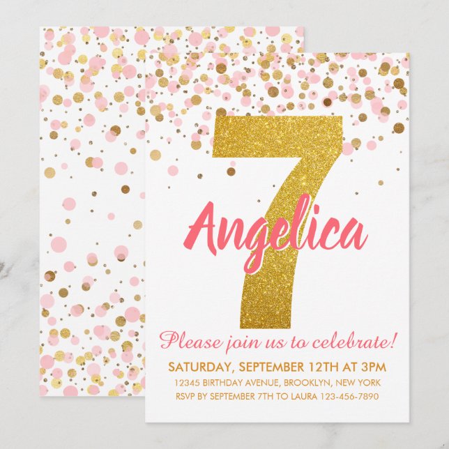 Pink Gold Glitter Confetti Girl Seventh Birthday Invitation (Front/Back)