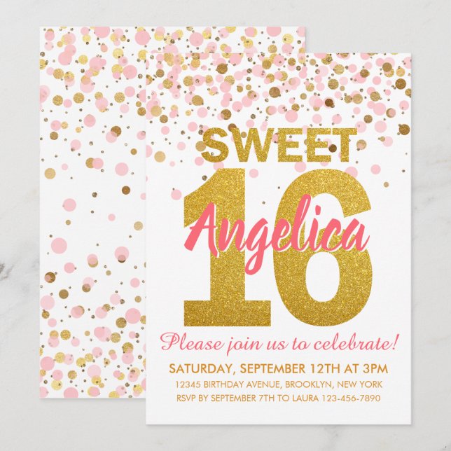 Pink Gold Glitter Confetti Girl Sweet 16 Birthday Invitation (Front/Back)