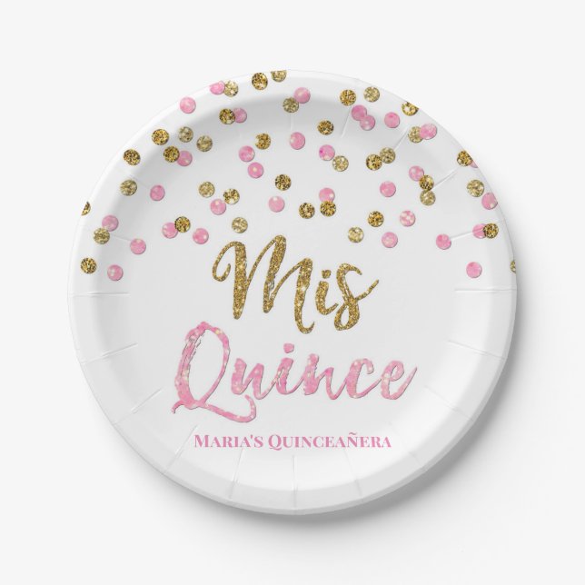 Pink Gold Glitter Confetti Mis 15 Quinceanera Paper Plate (Front)