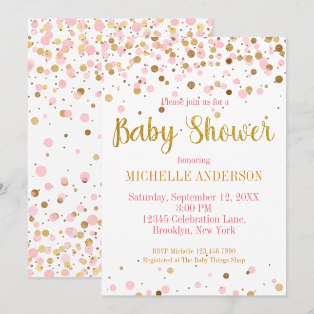 Pink Gold Glitter Confetti Modern Baby Shower Invitation (Front/Back)