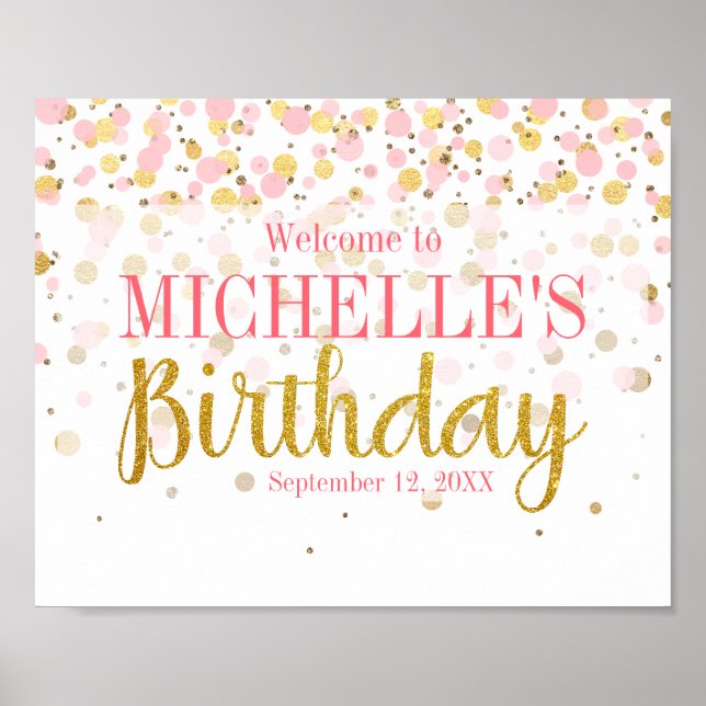 Pink Gold Glitter Confetti Welcome Birthday Poster (Front)