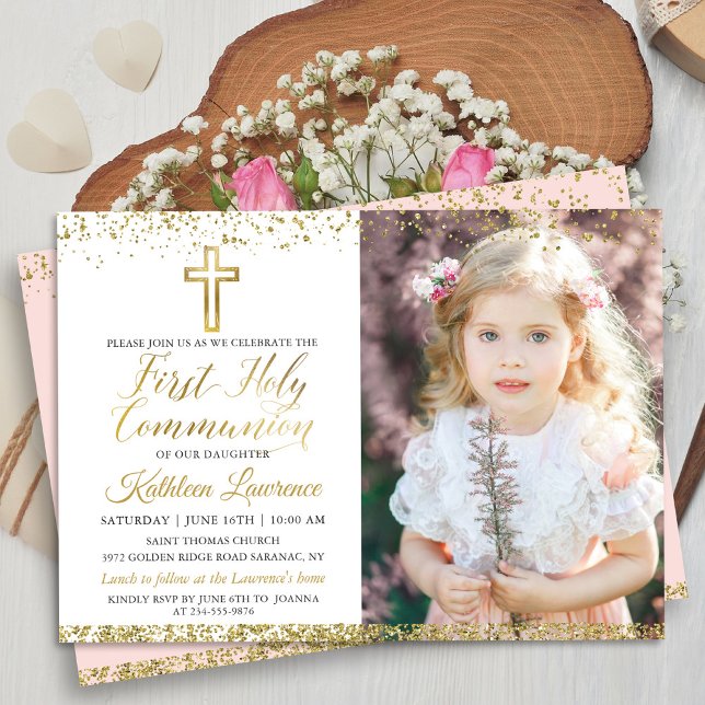Pink Gold Glitter Cross First Holy Communion Photo Invitation (Creator Uploaded)