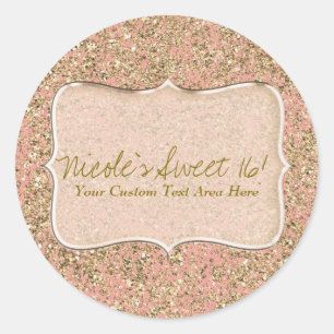 Pink & Gold Glitter Crystal Glam Birthday Favour Classic Round Sticker