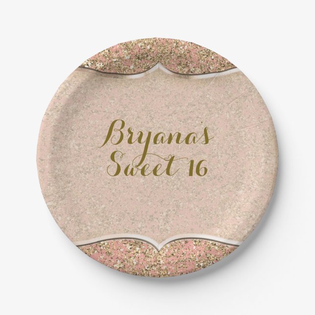 Pink & Gold Glitter Crystal Glam Birthday Party Paper Plate (Front)