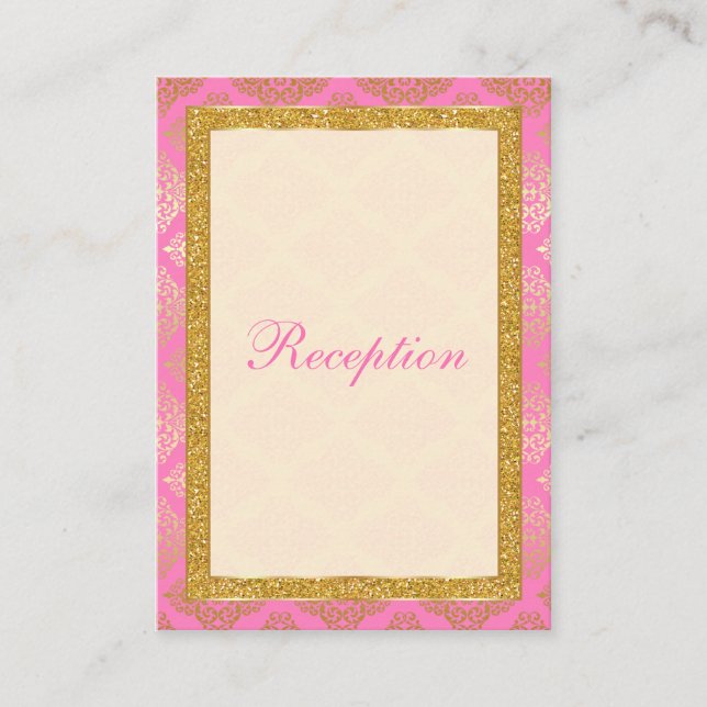 Pink Gold Glitter Damask Scroll Enclosure Card (Front)